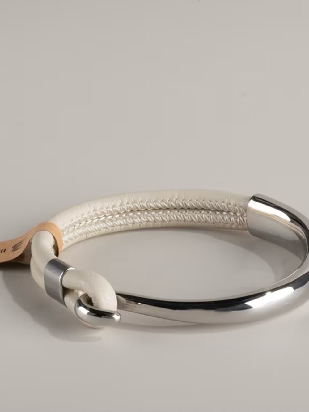 Minimalist Cream Leather and Silver Bracelet